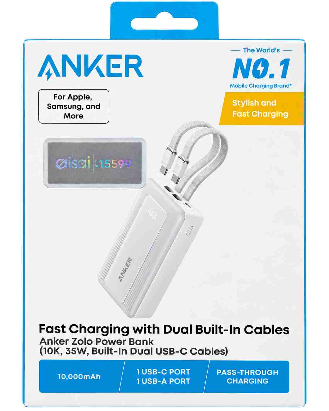Anker Zolo Power Bank 10000mAh – 35W with Dual Built-In USB-C Cables – White