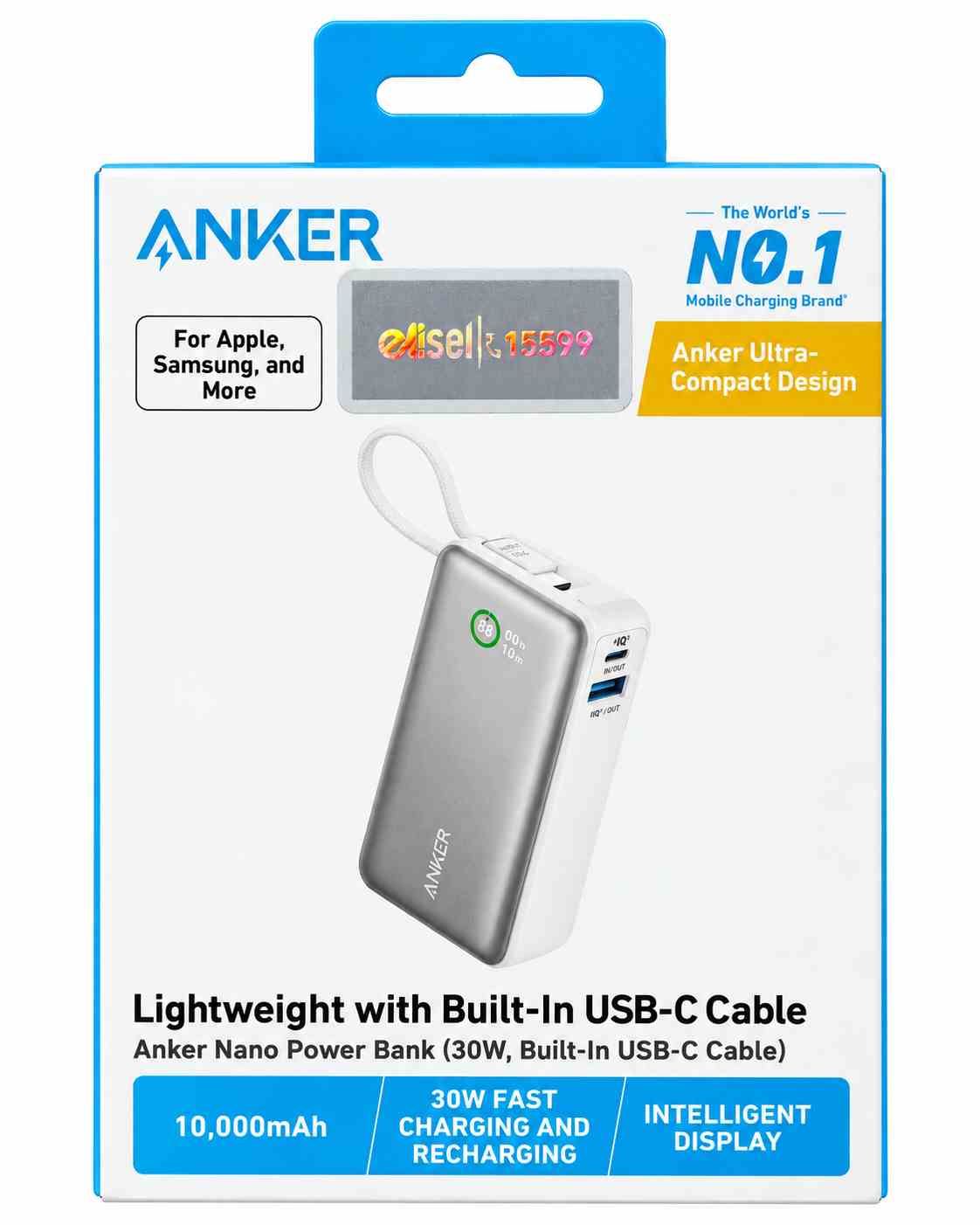 Anker Nano Power Bank A1259 10000mAh – 30W with Built-In USB-C Cable – Silver/White