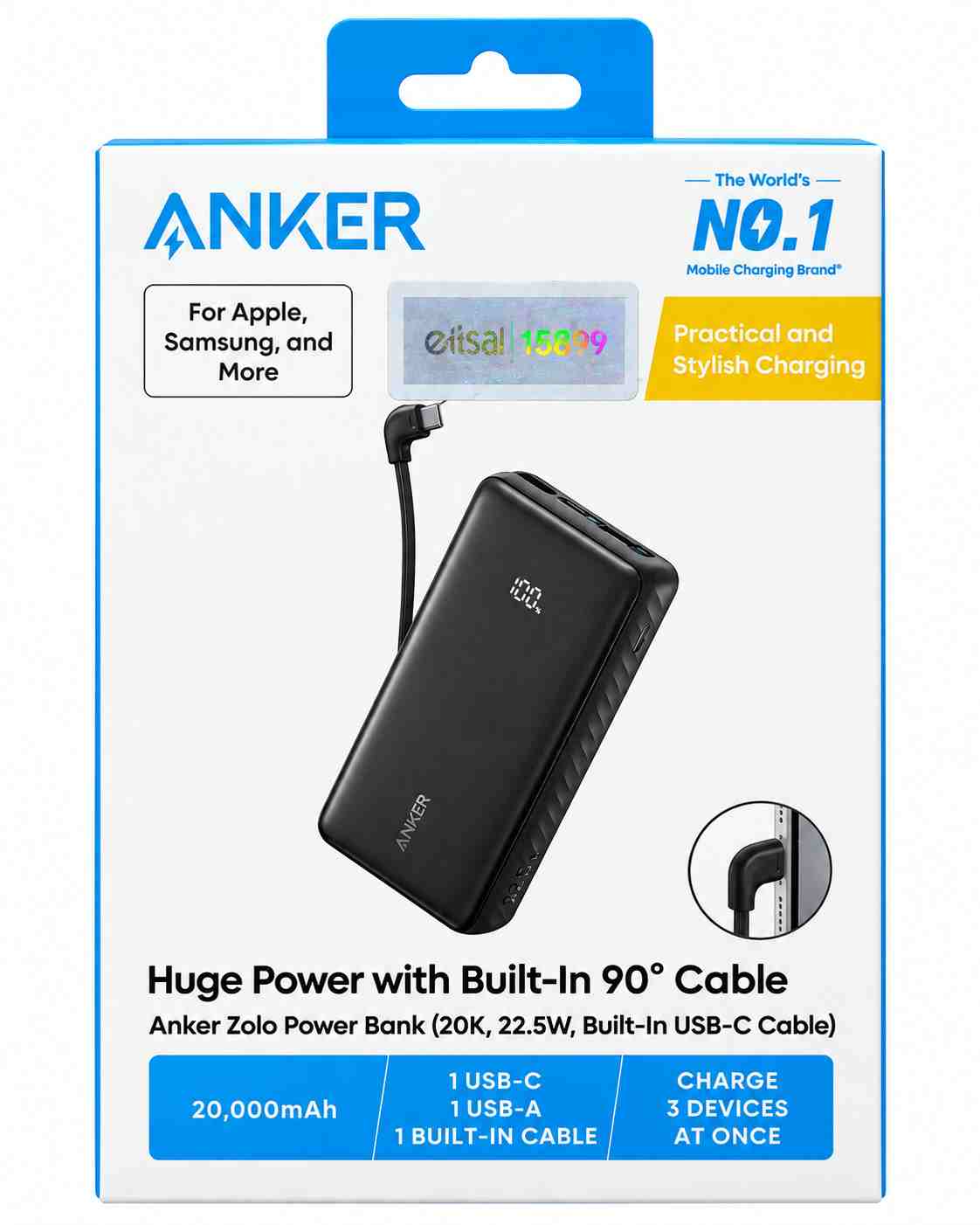 Anker Zolo Power Bank 20000mAh – 22.5W with Built-In 90° USB-C Cable – Black