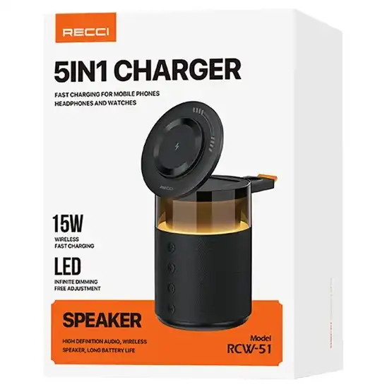Recci Speaker and Wireless 3 in 1 Fast Charger Black